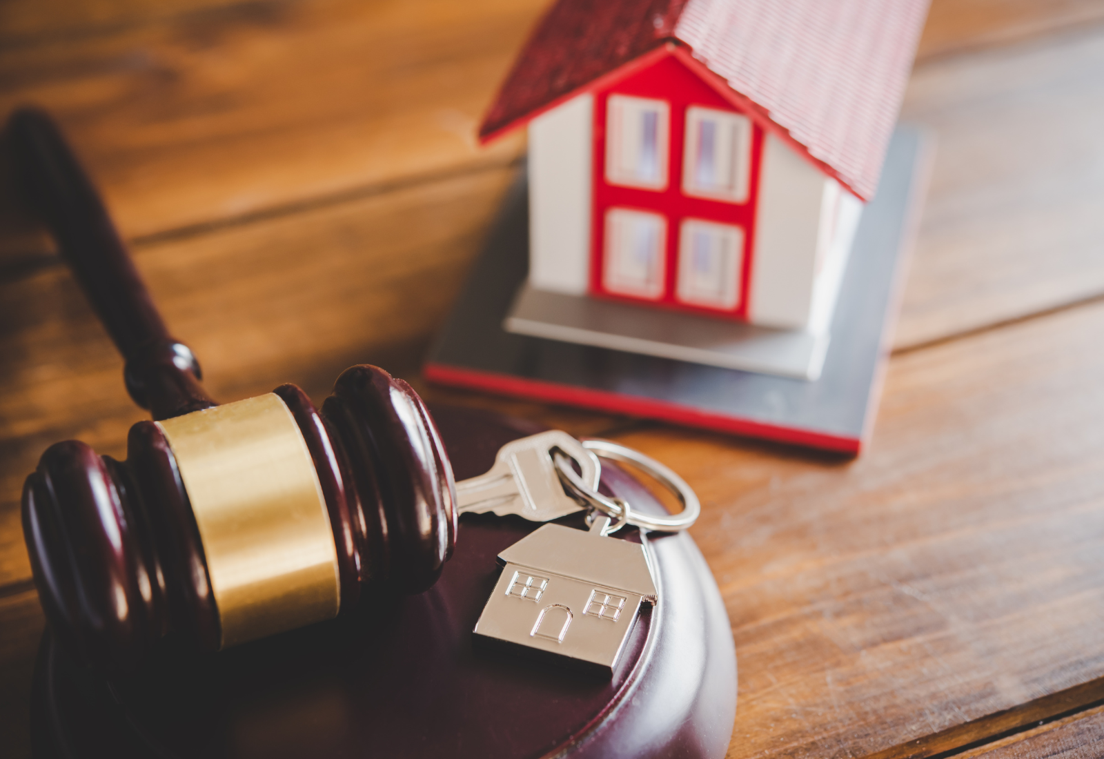 Image of a small house, a gavel, and set of keys on a desk